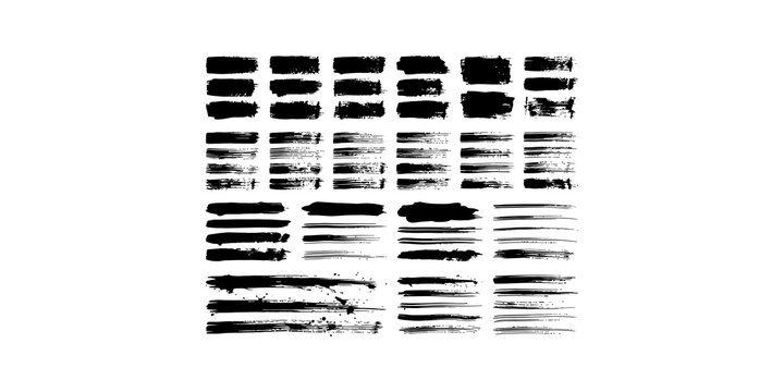 Large collection of black ink brush strokes and lines with varied textures and patterns for graphic design and backgrounds.