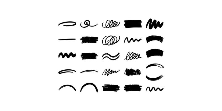 Assortment of black ink brush strokes swirls and lines offering a creative artistic and textured design element.