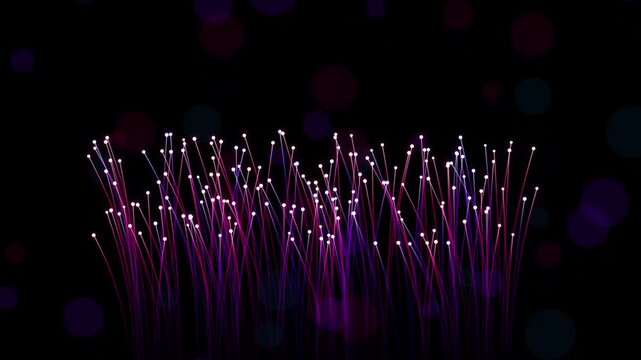 Fiber optic glowing strands moving in abstract digital animation video displaying high speed data transfer and complex network connection patterns against a dark mysterious blurred background