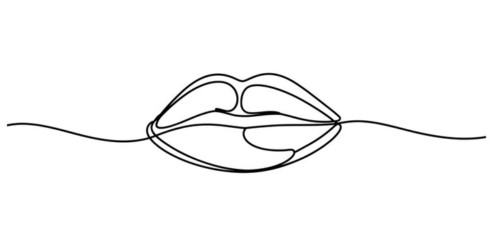 Continuous line art drawing of abstract female lips, representing beauty, sensuality, speech, and modern minimalist cosmetic design concepts.