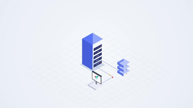 Isometric server rack infrastructure connection displaying active data flow nodes in this sleek digital animation motion graphic for modern cloud networking and high tech business solutions