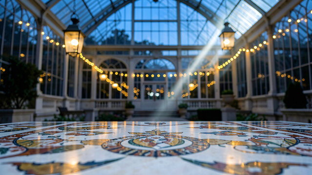 Terrazzo Tabletop With Embedded Marble Flecks on Chic Rooftop Lounge with Ambient Warm Uplighting Lu