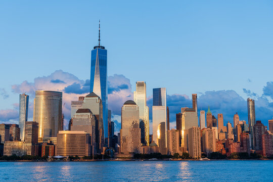 Manhattan skyline. New York city. Skyscraper building of NYC. NY urban city architecture. Midtown Manhattan and Hudson river. Metropolitan city. Metropolis cityscape. New York downtown