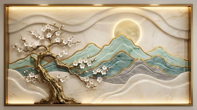 3D Oriental Golden Bonsai & Jade Mountain Relief Framed Wall Art