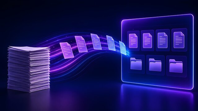 Document digitization process converting physical paper stack into digital file folders on glowing interface screen