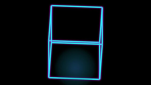Glowing neon cube rotating in a seamless loop animation cycle showing abstract geometric structure against a deep black background for modern digital motion graphics video project