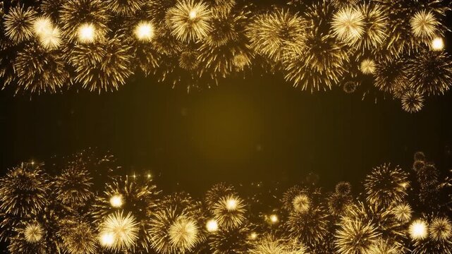 Golden Fireworks Explosion Border Frame at Top and Bottom with Center Copy Space on Dark Background for Holiday Celebration