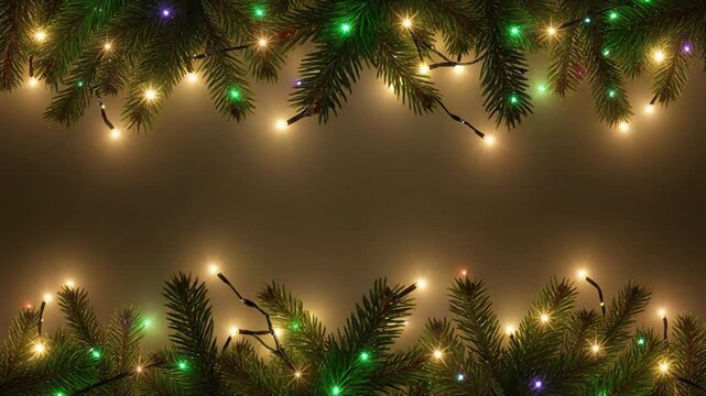 Festive Evergreen Pine Tree Branches Decorated with Glowing Warm String Lights Top and Bottom Border Frame for Winter Holiday