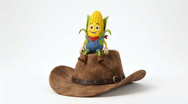 A cute cartoon corn character wearing overalls and a red neckerchief sitting on top of a brown leather cowboy hat