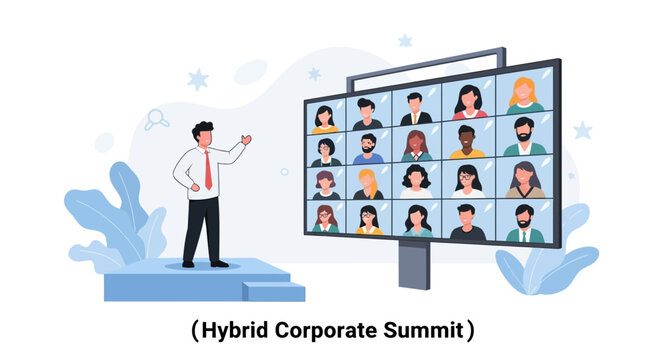 Hybrid Corporate Summit: Presenter addresses virtual attendees on large screen in modern meeting illustration
