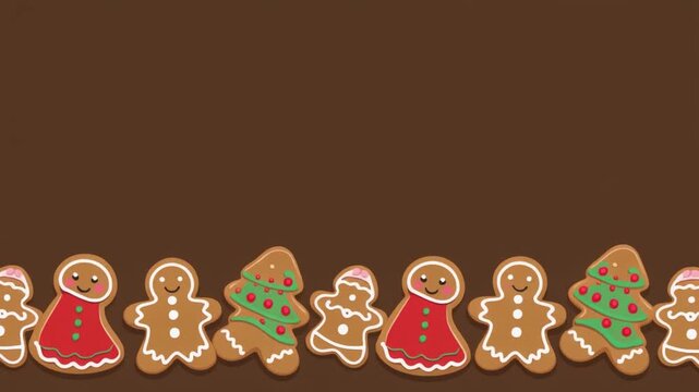 Cute Decorated Gingerbread Cookies Arranged in Horizontal Row along Bottom Border on Brown Background for Festive Holiday Baking