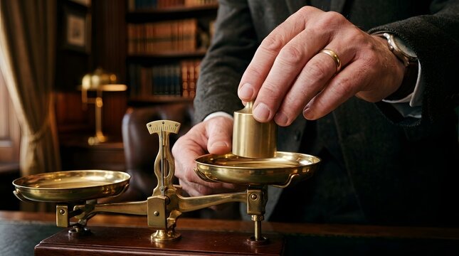 Businessman placing brass calibration weight on balance scale in office