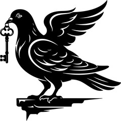 Naklejka premium Pigeon guardian holding an oversized key vector illustration