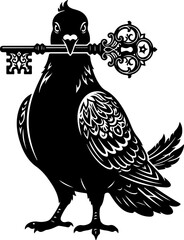 Naklejka premium Pigeon guardian holding an oversized key vector illustration
