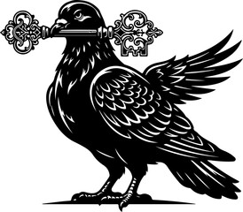 Naklejka premium Pigeon guardian holding an oversized key vector illustration