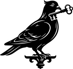 Naklejka premium Pigeon guardian holding an oversized key vector illustration
