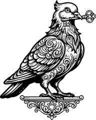 Naklejka premium Pigeon guardian holding an oversized key vector illustration