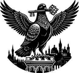 Naklejka premium Pigeon guardian holding an oversized key vector illustration