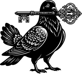 Naklejka premium Pigeon guardian holding an oversized key vector illustration
