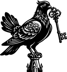 Naklejka premium Pigeon guardian holding an oversized key vector illustration