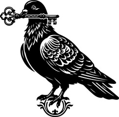 Naklejka premium Pigeon guardian holding an oversized key vector illustration