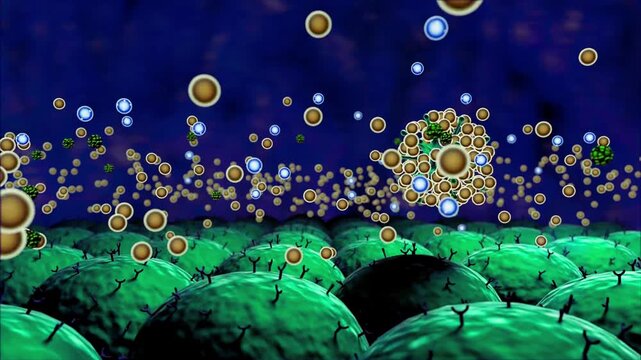 Green cells interacting with microscopic particles in scientific simulation cellular interaction biological