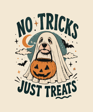 Charming retro Halloween illustration featuring a cute dog ghost holding a pumpkin candy bucket under a moonlit sky with bats and stars vintage retro halloween t shirt design