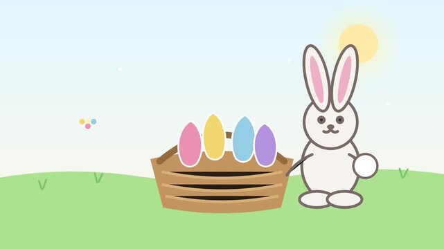 Easter rabbit standing beside wooden basket full of colourful decorated eggs in a bright sunny meadow digital animation video clip