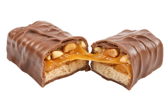 Chocolate candy bar broken in half with caramel and peanuts as isolated on transparent background