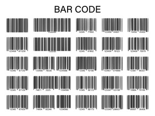 Fototapeta premium Bar code collection with 25 unique vector elements. Retail product identification labels. Black linear scanner codes for logistics.