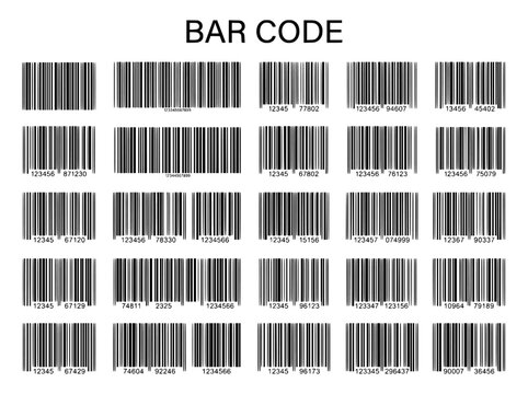 Bar code collection with 25 unique vector elements. Retail product identification labels. Black linear scanner codes for logistics.