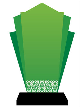A green layered trophy plaque featuring a tiered fan design, an intricate white ethnic pattern band at the bottom, and a sturdy dark gray base stand.