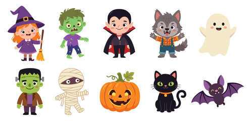 Fototapeta premium Cute cartoon Halloween characters monsters set. Vector flat illustrations of little witch, vampire, zombie, Frankenstein and other monsters.