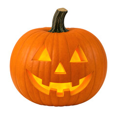 A cheerfully carved jack o' lantern with a glowing face perfect for halloween designs isolated on transparent background © IBRAHIM
