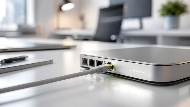 Network router with ethernet cable plugged in and green lights blinking on a modern office desk for internet connection