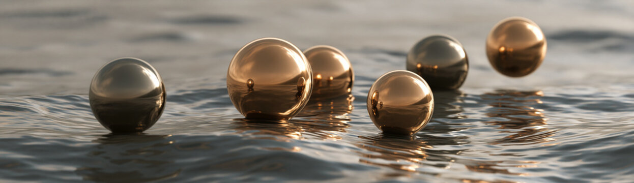 A collection of gold and silver spheres resting on a shimmering surface, reflecting light and creating an abstract, opulent feel