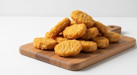Fototapeta premium A pile of golden-fried, bite-sized food, piled high on a wooden cutting board against white