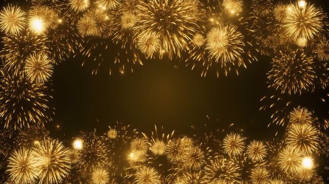 Full Rectangular Golden Fireworks Explosion Frame Border Surrounding Center Copy Space on Dark Background for New Year Festival