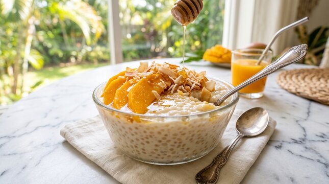 Tapioca pudding with mango and honey served on a marble table  