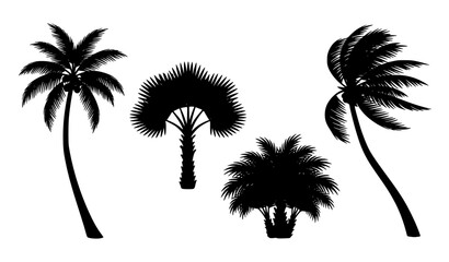 Tropical palm tree silhouette vector collection with four unique designs for beach travel summer vacation tourism and island themes © mstfarida