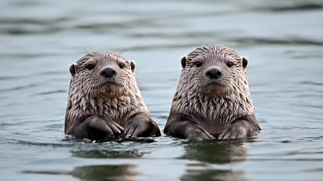 Charming river otter pair swimming together in calm water wildlife