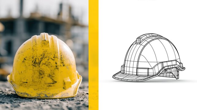 Yellow Hard Hat: Real vs. Wireframe Comparison