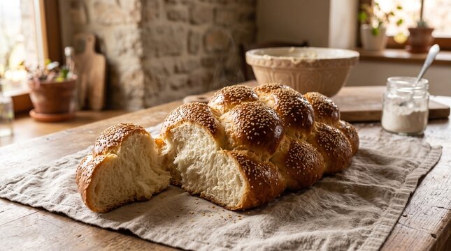 Fresh challah bread with sesame seeds on a kitchen table  