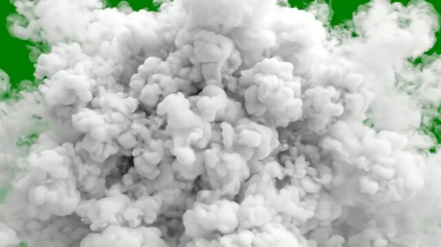 Realistic white smoke explosion isolated on green screen, vfx cloud for compositing chroma key