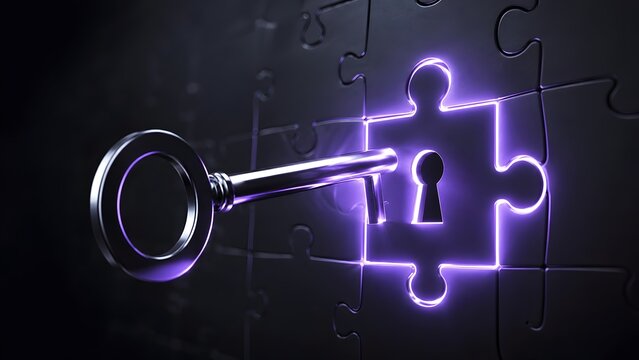 Glowing purple metal key inserted into a keyhole puzzle piece representing security, access, and problem resolution