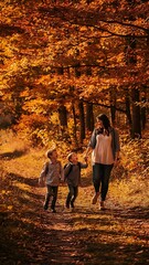 Fototapeta premium Happy mother and children walking together on a forest path during autumn.
