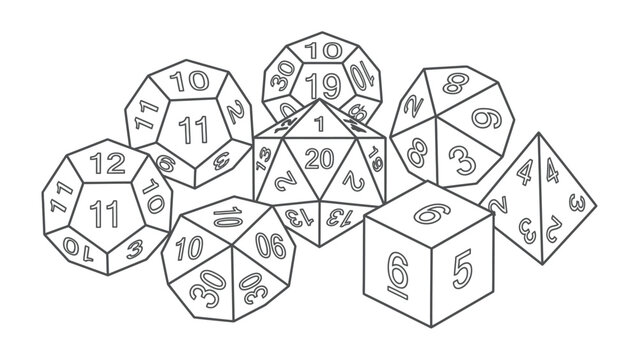 Polyhedral Dice Set: A collection of diverse polyhedral dice, including d4, d6, d8, d10, d12, and d20, arranged for tabletop role-playing games and board game enthusiasts.