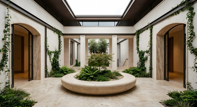 Modern luxury courtyard architecture with circular stone planter skylight and lush green garden foliage