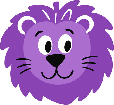 Cute purple lion head illustration flat vector character design for kids nursery decor with smiling expression clean cartoon