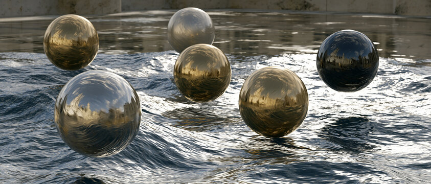 Six spheres of varying materials and colors floating on the surface of dark water with ripples. The spheres appear to be metallic, with some reflecting light and others appearing more matte